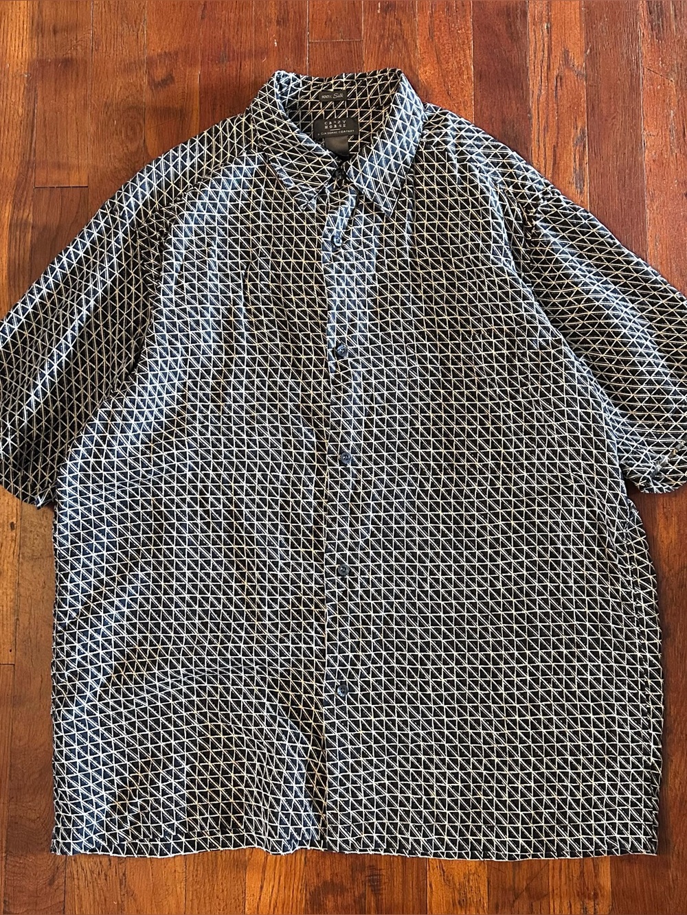 Vintage Crazy Horse 100% Silk Geometric Pattern Short Sleeve Button Up Shirt L